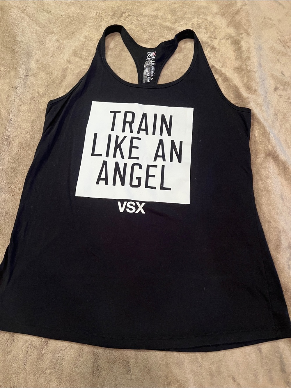 VSX Black Racerback Tank with White 'Train Like An Angel' Graphic